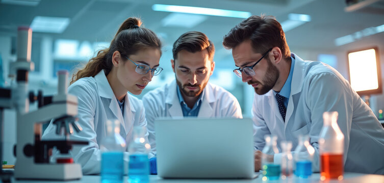Three scientists in white lab coats gather around laptop discussing research data. In modern laboratory setting with microscopes, chemical beakers visible. Teamwork, analysis drive scientific - Powered by Adobe