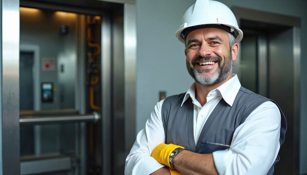 Experienced elevator mechanic wears hard hat and gloves smiling near open elevator shaft. Pro technician checks vertical transport system. Safe lift repair work.