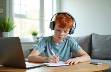 Redhead schoolboy with headphones studies online at home. He writes in notebook using laptop and phone. Young pupil learns new lesson doing homework. Child gets knowledge indoors.