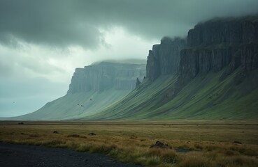 Vast Icelandic landscape features dramatic sheer cliffs covered in green grass. Birds fly over a wide, dry grass field under a moody, overcast sky. This natural vista inspires wanderlust and awe.