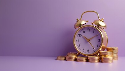 Golden alarm clock sits atop stacks of gold coins. Background is a solid, light purple. Concept represents time is money, financial growth, and savings accumulation.