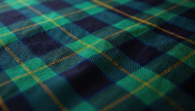Close-up view of green and blue plaid fabric with yellow lines creating a classic pattern. This textured textile offers a cozy and versatile background for various designs.