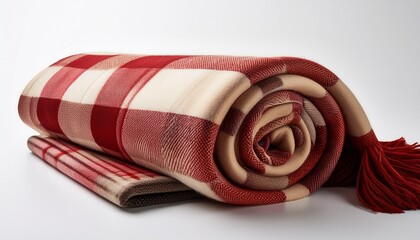 rolled plaid blanket still life on white background cozy woolen throw blanket in red and beige tones studio shot