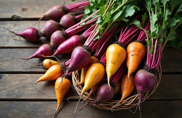 Harvested yellow and purple beetroots rest in woven basket. Fresh root vegetables with green foliage sit on rustic wooden table. Healthy food, raw ingredients for cooking.