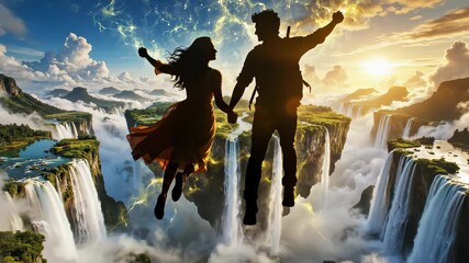 Silhouette Couple Levitating Over Scenic Waterfalls Landscape