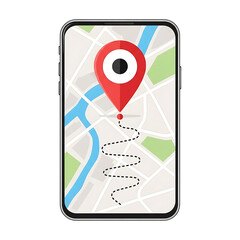 Smartphone displaying map with location marker isolated on white background