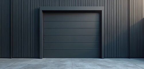 Modern anthracite overhead garage door with smooth textured plastic material. Minimalist industrial building entrance design. Wide copy space available on smooth dark grey exterior wall.