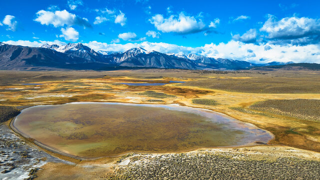 Aerial Shallow Lake Owens Valley Snow Capped Mountains Eastern Sierra California