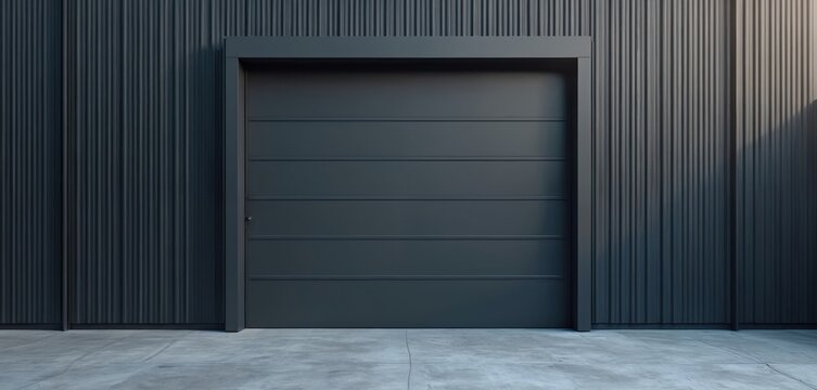 Modern anthracite overhead garage door with smooth textured plastic material. Minimalist industrial building entrance design. Wide copy space available on smooth dark grey exterior wall.