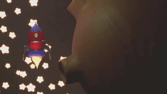 RocketShip flying around an asteroid in a Starry Night Scene