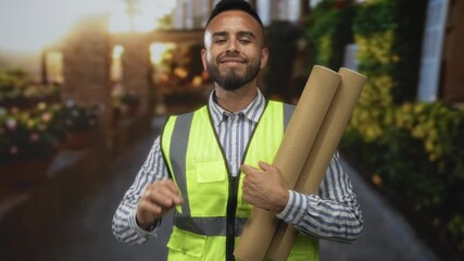 Man in neon safety vest holding rolled plans and makes ok sign on street near building and plants; confidence reliability expertise.