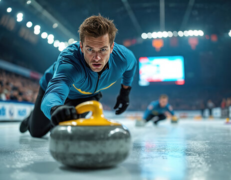 Athlete slides curling stone on ice rink during competition. Male player in uniform focuses intensely on delivering stone. Another player watches.