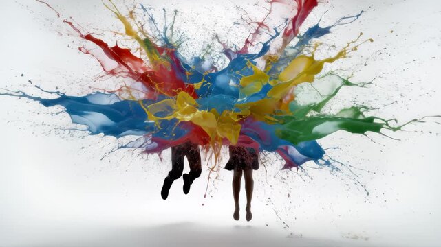 Silhouette Couple Jumping and Splashing With Bright Paint on White