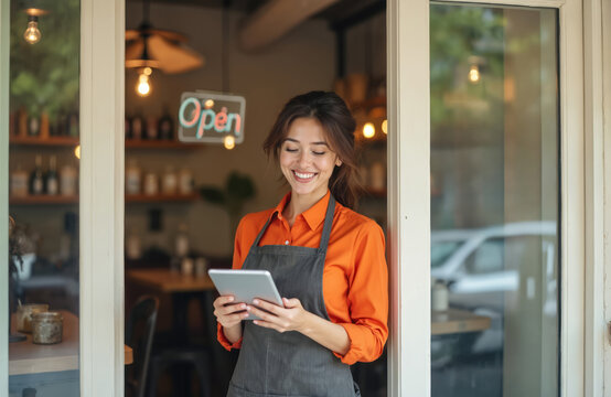 Smiling young businesswoman holds tablet at cafe entrance. Female owner uses tech, checks orders, prepares for work. Neon open sign glows, interior shelves display goods. Positive staff member works - Powered by Adobe