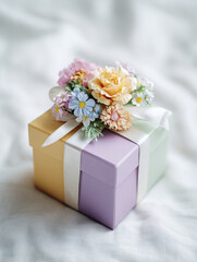 wrapped gift box with ribbon and flowers, generative ai