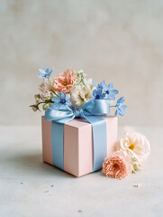 wrapped gift box with ribbon and flowers, generative ai