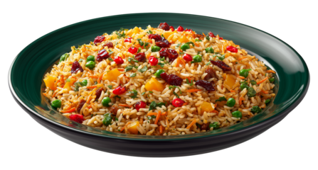 middle eastern pilaf on a deep dark green plate with aromatic spices structured grains and warm vibrant presentation