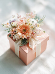 wrapped gift box with ribbon and flowers, generative ai
