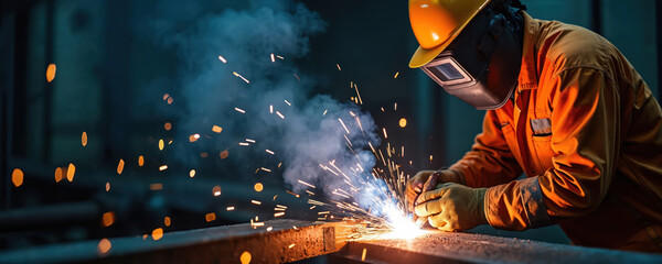 Welder in protective gear works on metal structure with sparks flying. Industrial worker performs welding job, creating steel parts in factory. Smoke and heat emanate from the intense work.