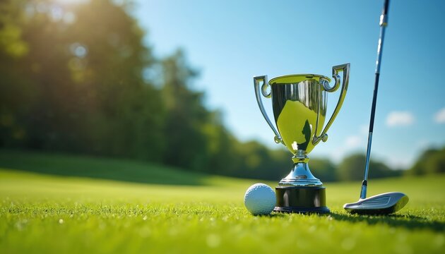 Silver trophy rests on lush green golf course grass beside club and ball. Bright sunny day, clear blue sky, trees line background. Perfect copy space for text.