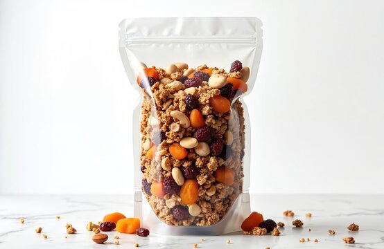 Stand up pouch with granola mix including dried fruits and nuts. Clear packaging shows crunchy oat cereal. Healthy breakfast snack for energy.