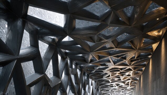 Architectural interior with intricate geometric ceiling and a patterned wall, bathed in natural light - Powered by Adobe