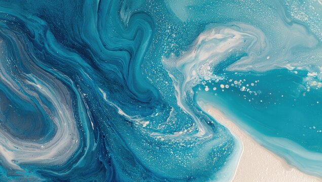 Abstract fluid art with turquoise, white, and light blue tones creating wavy and swirling patterns - Powered by Adobe