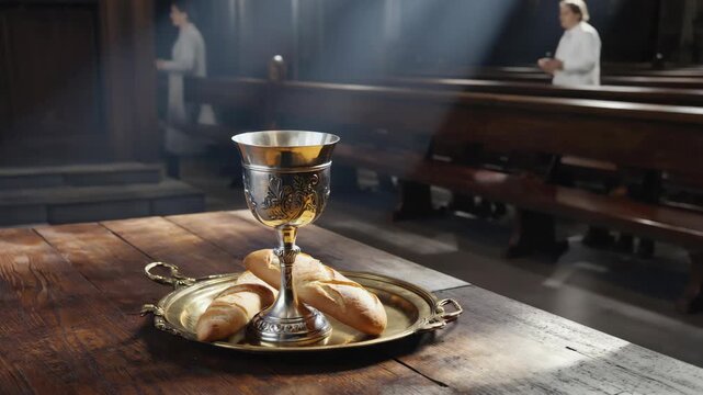 A golden chalice and paten with wafers on a wooden table in a church with pews and stained glass windows.