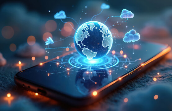 Digital globe floats above smartphone screen. Futuristic interface shows global data network connection and cloud storage. Mobile device with worldwide web access. - Powered by Adobe