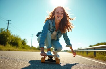 Fototapeta premium Young woman enjoys skateboarding on a sunny day. She smiles while riding her longboard down an asphalt road. Casual female rides outdoors, feeling free and happy.