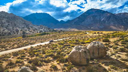 Aerial Buttermilk Boulders Road and Sierra Nevada Mountains Eastern Sierra © Nicholas J. Klein