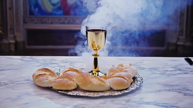 A close-up of a tray with communion wafers next to a chalice of wine in a cathedral setting. The bread appears to be unleavened, and the wine is served warm as indicated by rising steam.