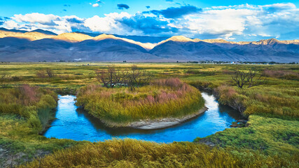 Aerial Owens River Meandering Through Eastern Sierra California Mountain Landscape