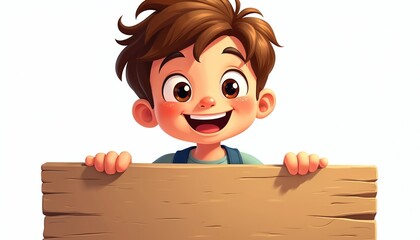 Smiling cartoon boy holds blank wooden sign. Young child with brown hair and big eyes shows empty board. Use for announcements, messages, or promotions. Kidfriendly announcement board.