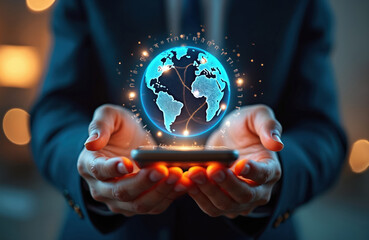 Hands hold smartphone displaying glowing Earth hologram. Digital network connects continents with bright lights and particles. Global communication advances.
