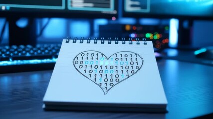 Binary Code Heart Drawn on Notepad, Computing Environment, Tech Style - Powered by Adobe