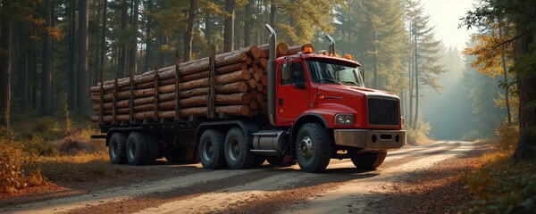 Red logging truck carries large logs on a dirt road through a dense forest. Heavy machinery transports timber harvested from woodland, moving through trees. Natural resources extraction for industry.