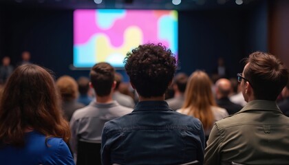 Obraz premium People attend conference focusing on mental health inclusivity. Audience watches presentation screen, learns about support, awareness for modern society challenges. Diverse professionals in meeting.