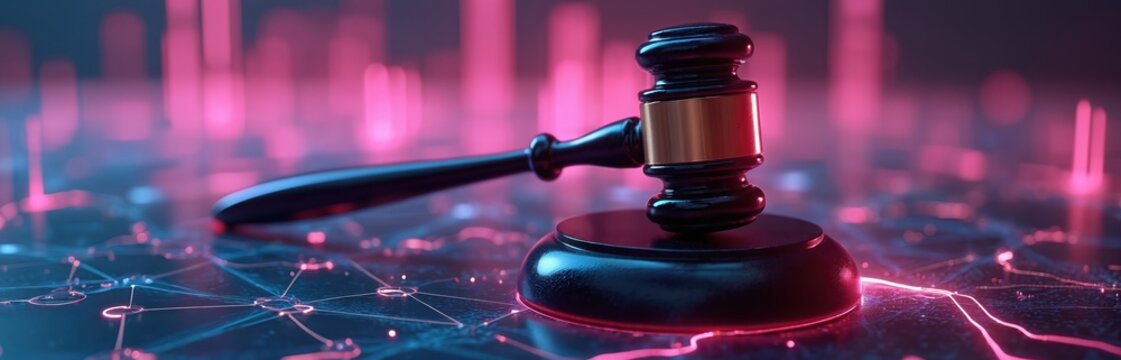Judge gavel rests on digital network grid with neon light glow. Futuristic cyber law and justice concept with abstract background of interconnected data lines. Modern courtroom or legal tech theme.