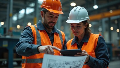 Man and woman wear hard hats and safety vests, reviewing blueprints and a tablet. They work together in an industrial facility, planning production with tech.
