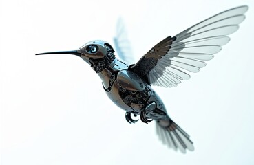 Obraz premium Mechanical hummingbird robot bird flies in air. Shiny metallic creature with detailed gears and wings. Futuristic invention inspires next gen automation and flight tech.