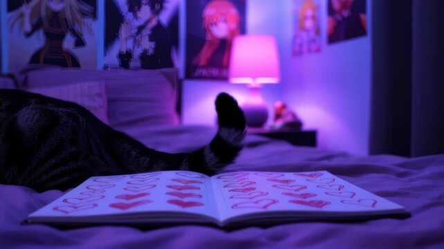 Cat Tail Wags Near Heart Drawings in a Relaxing Room at Night