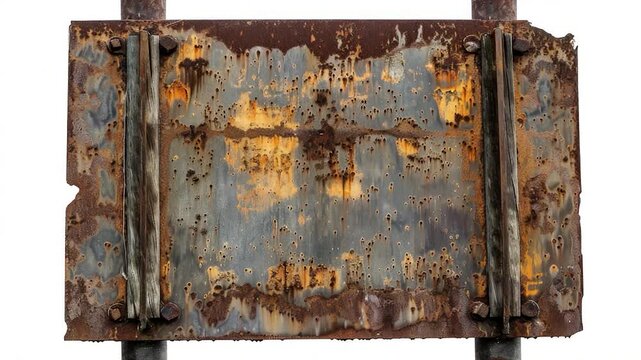 Video A weathered metal sign on a pole with a rusty surface, suitable for use in rural or industrial settings