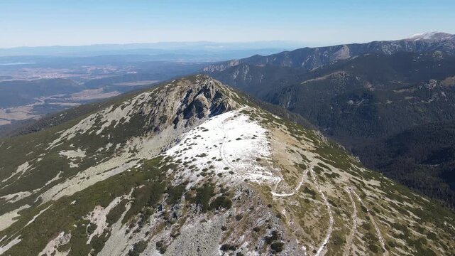 Amazing Aerial Autumn landscape of Rila Mountain near Mechit and Popova Kapa peaks, Bulgaria