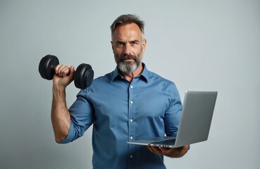 Naklejka premium Bearded man lifts dumbbell while holding laptop. Middle aged man works out with weights and computer. Business professional blends fitness and work in office gym.