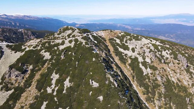 Amazing Aerial Autumn landscape of Rila Mountain near Mechit and Popova Kapa peaks, Bulgaria