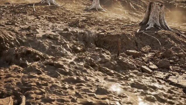 A devastating mudflow surges through a desolate, deforested landscape with cracked earth and tree stumps, symbolizing the severe consequences of environmental destruction and climate change