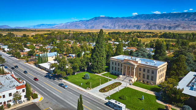 Aerial Inyo County Courthouse Independence California Civic Building and Mountain View