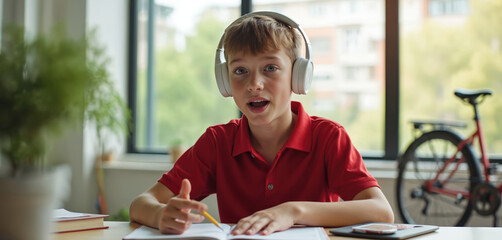 Young boy with headphones talks during online lesson. He sits at desk with notebook and pencil. Student learns at home via video call. Child participates in virtual class and writes.