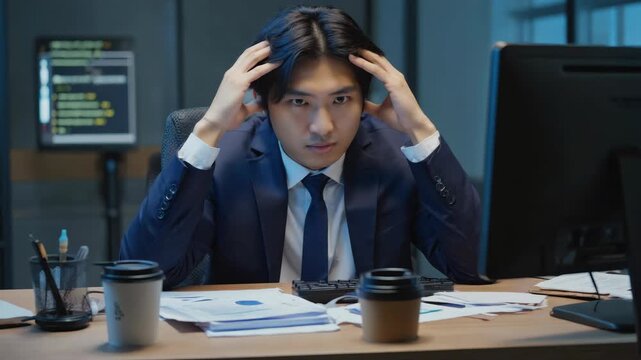 A man sitting at his desk wearing a suit and tie, looking frustrated or tired with his head resting on his hands. He is surrounded by papers and office equipment like a computer monitor